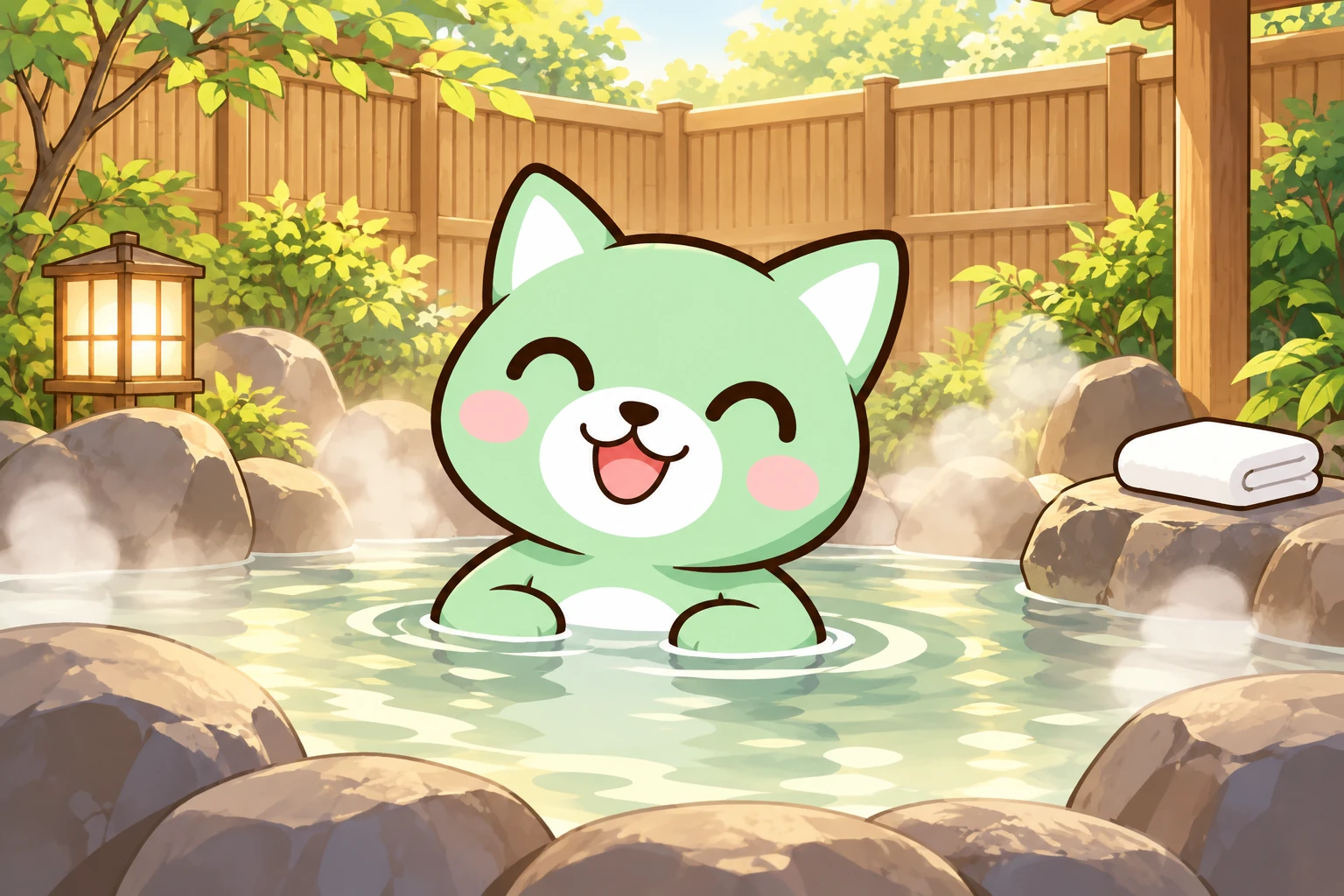 貸切の露天風呂のイメージ。髪をまとめ、タオルをお湯の外に置いて温泉を楽しむ人たち。