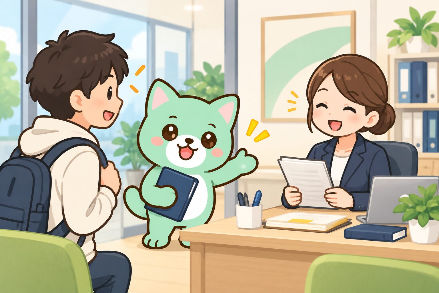 Ilustrasi karakter Hapi-Job yang mengarahkan ke ahli status izin tinggal