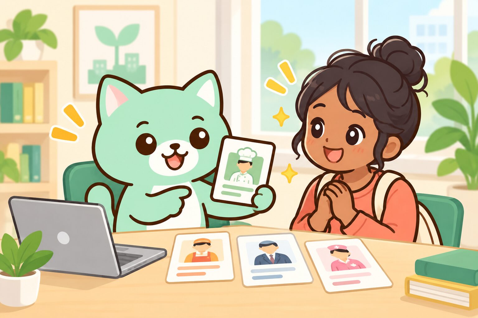 Ilustrasi konsultasi pekerjaan bersama karakter Hapi-Job
