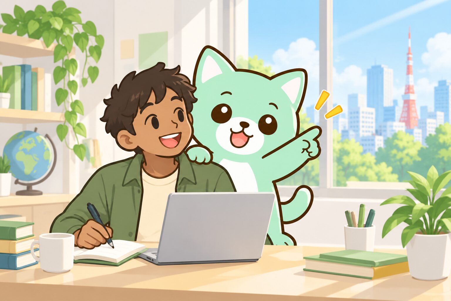 Ilustrasi pelajar asing yang belajar dan bekerja di Jepang bersama karakter Hapi-Job