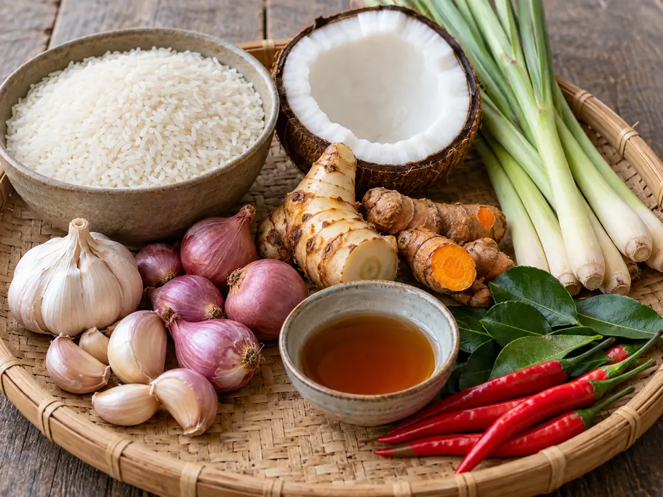 カンボジア料理の食材 米、ココナッツ、香草と香辛料