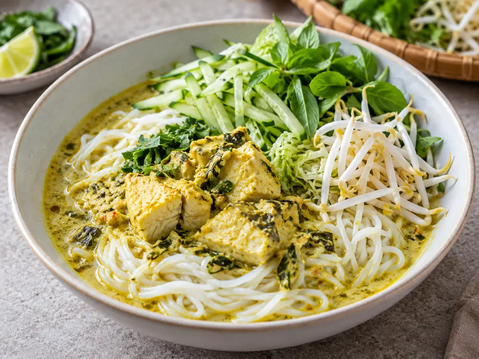 カンボジア料理 ノムバンチョック 米の麺と魚の汁、野菜