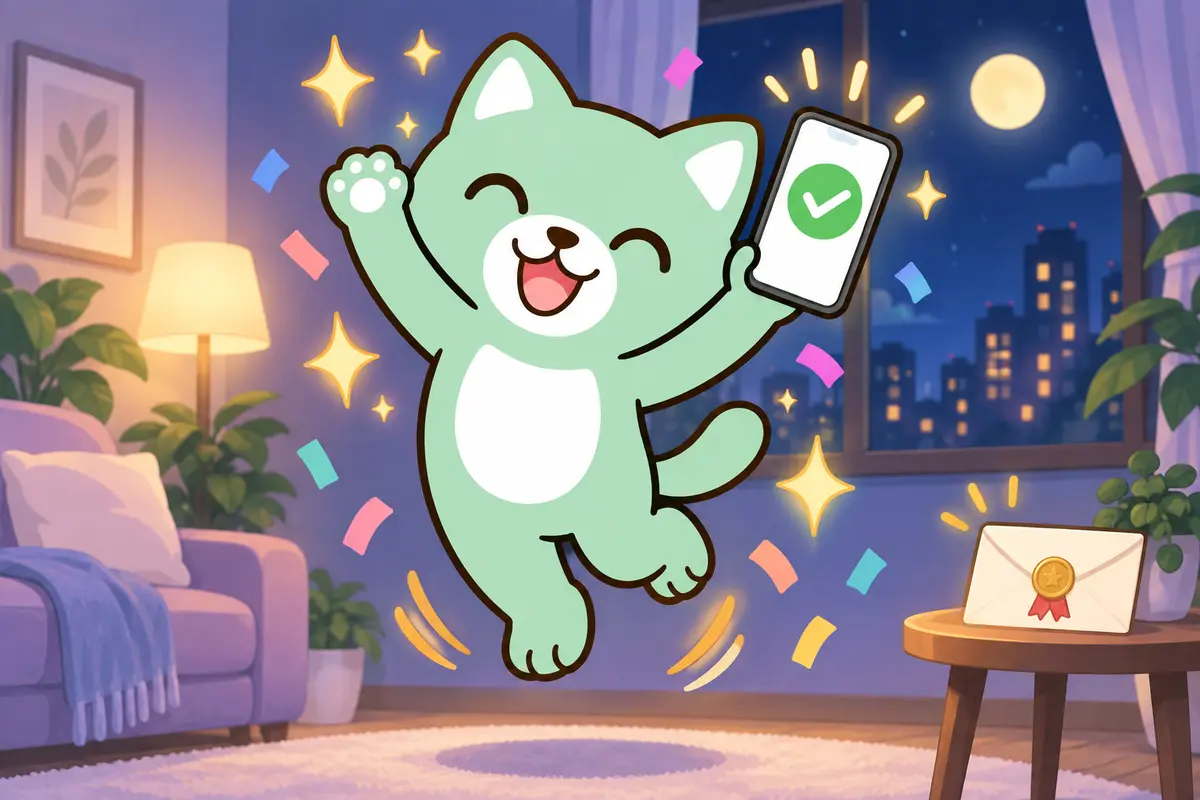 はぴジョブキャラクターがJLPTの結果を見て喜ぶイラスト