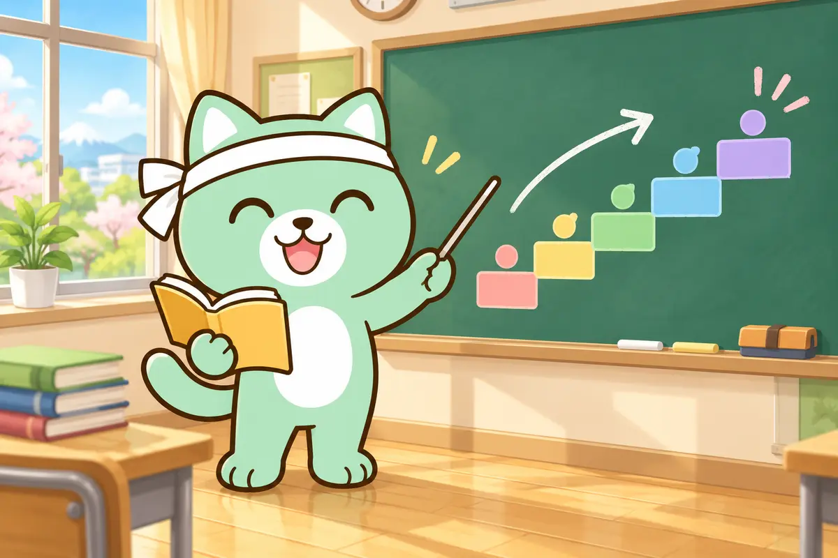 はぴジョブキャラクターが教室でJLPTのレベルを勉強するイラスト