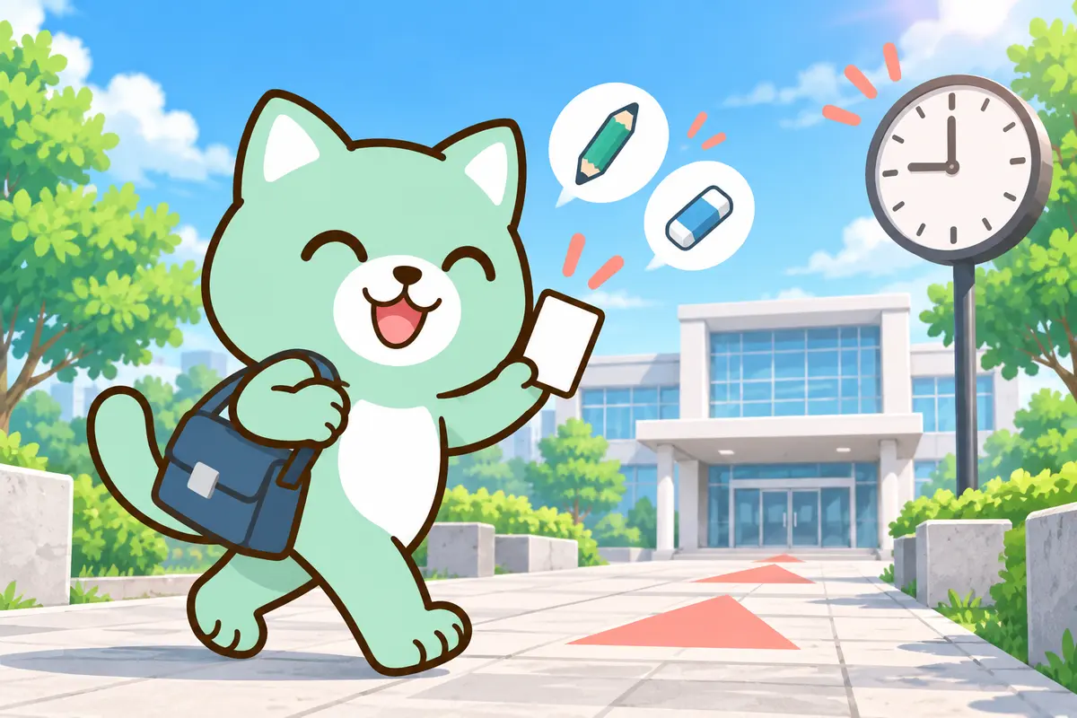 はぴジョブキャラクターが持ち物を準備してJLPT試験会場へ向かうイラスト