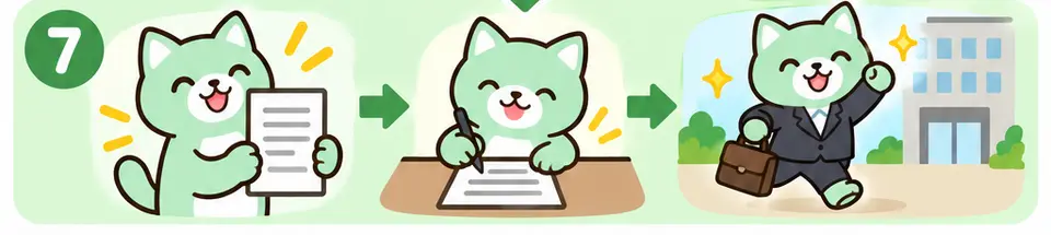 STEP7 内定後の手続きを行い入社するイラスト