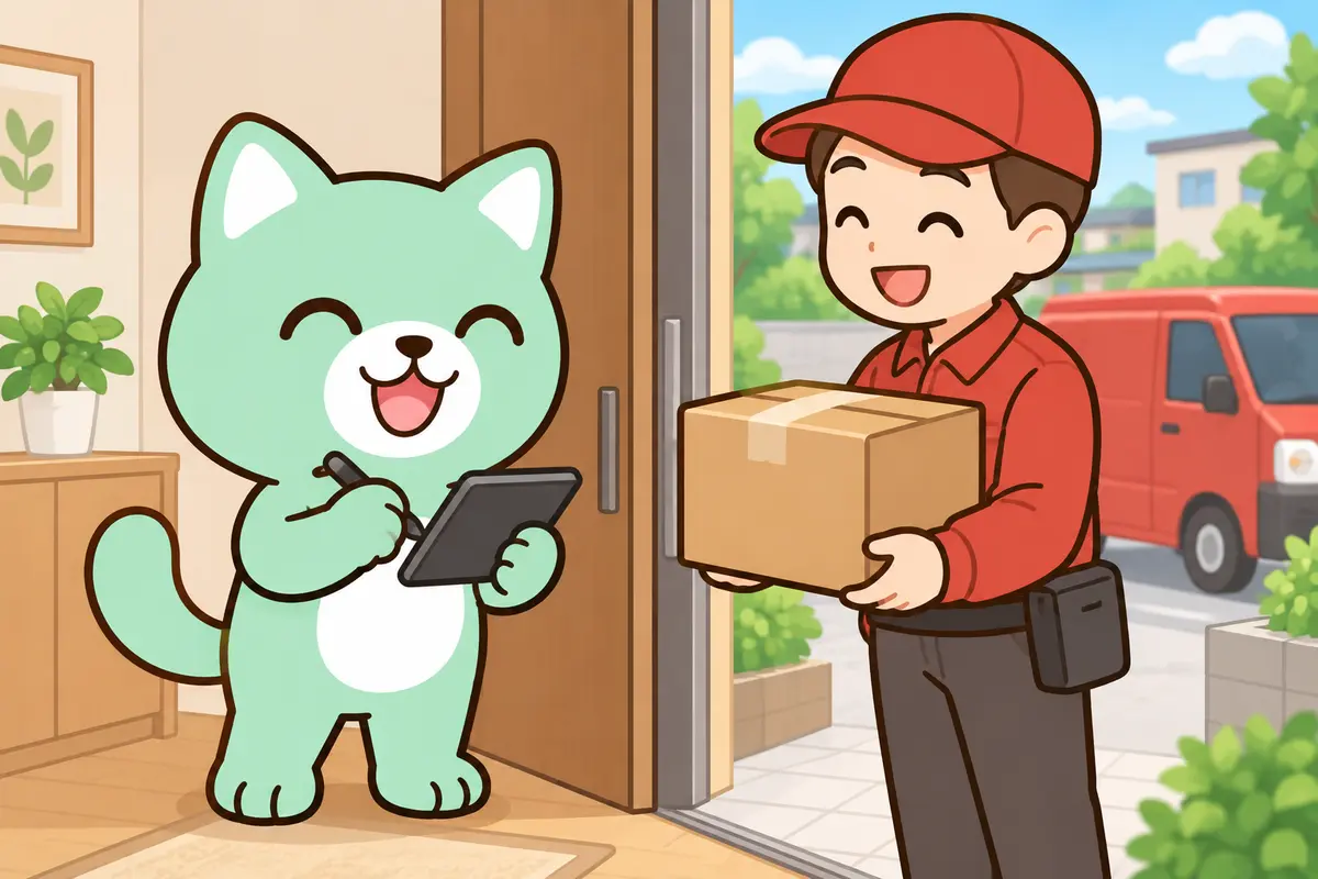 Maskot HAPI-JOB menerima paket dari petugas pengiriman