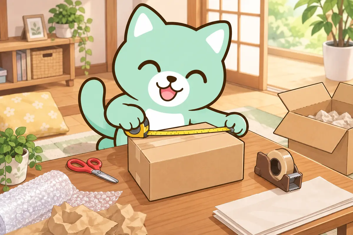 Maskot HAPI-JOB mengemas paket di rumah