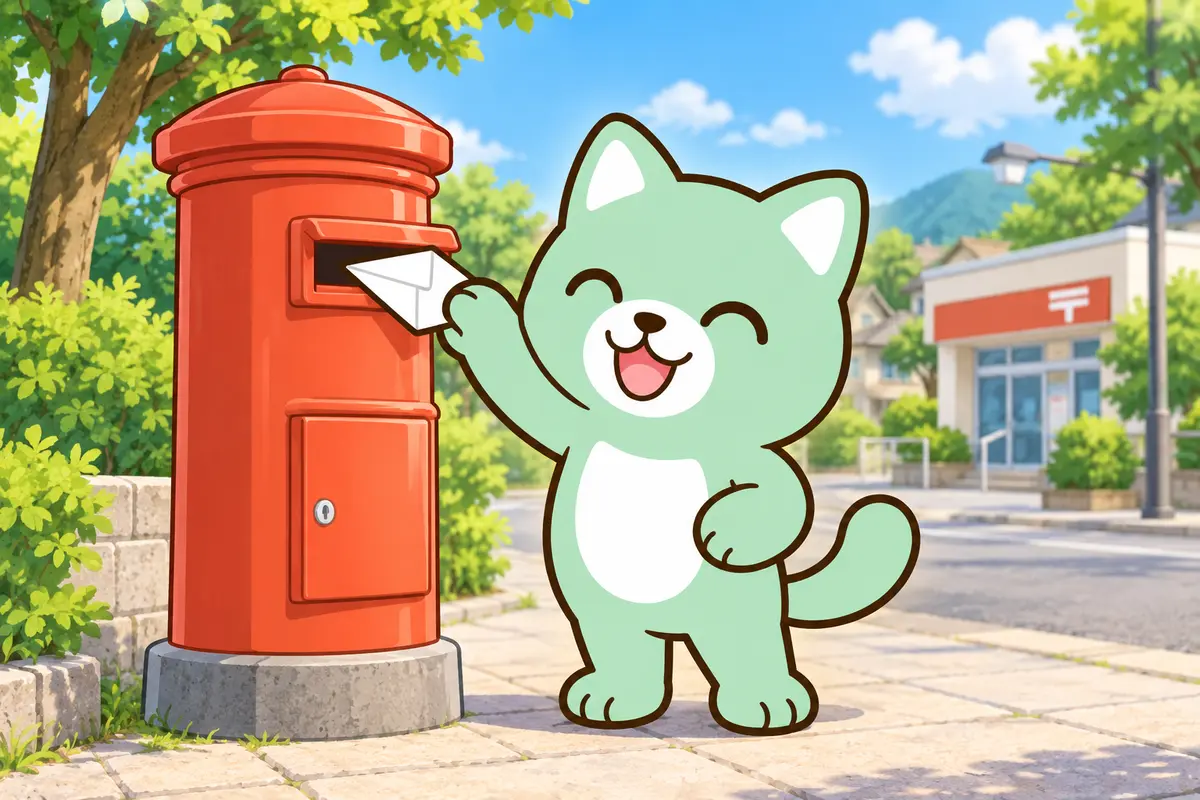 Maskot HAPI-JOB mengirim surat melalui kotak pos