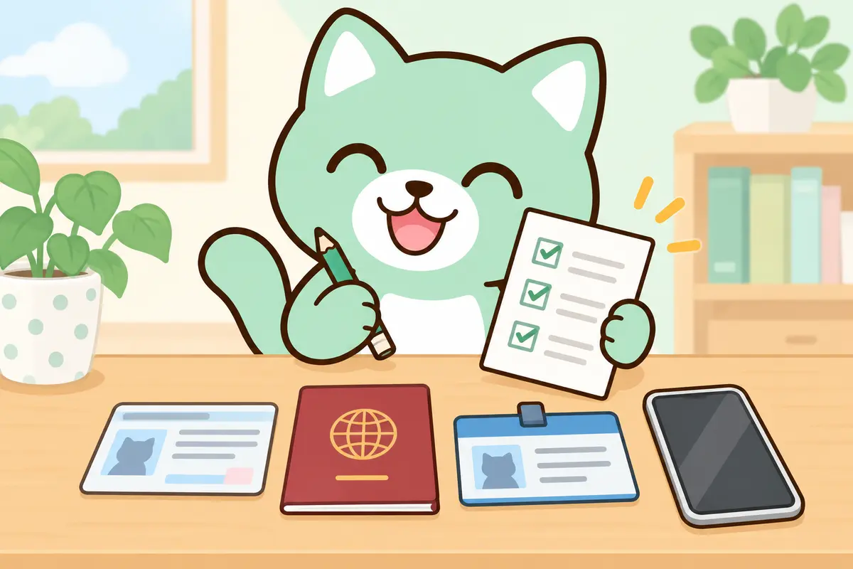 Maskot Hapi-Job memeriksa dokumen dan ponsel untuk membuka rekening
