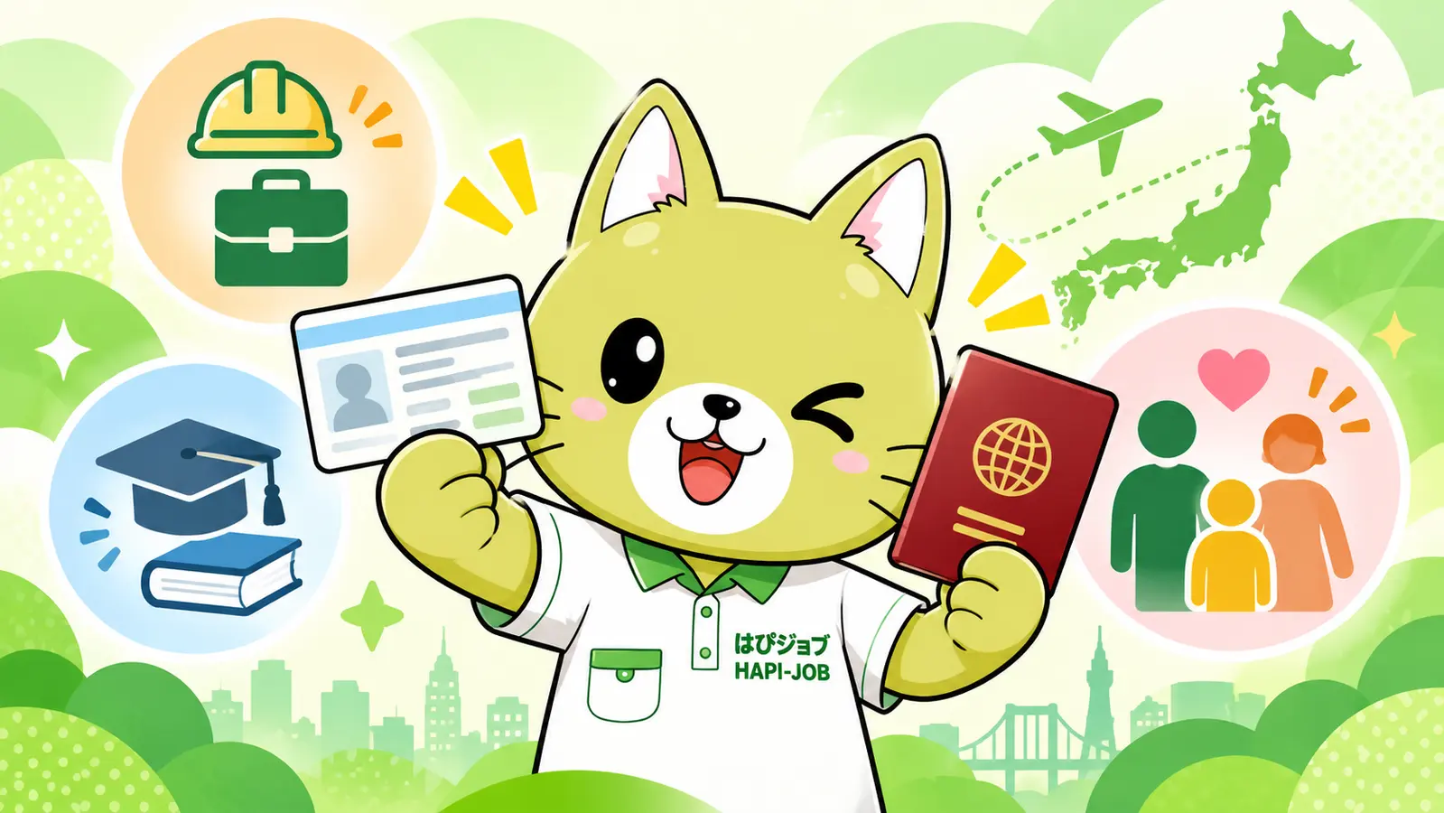 HAPI-JOB mascot explaining the basics of status of residence