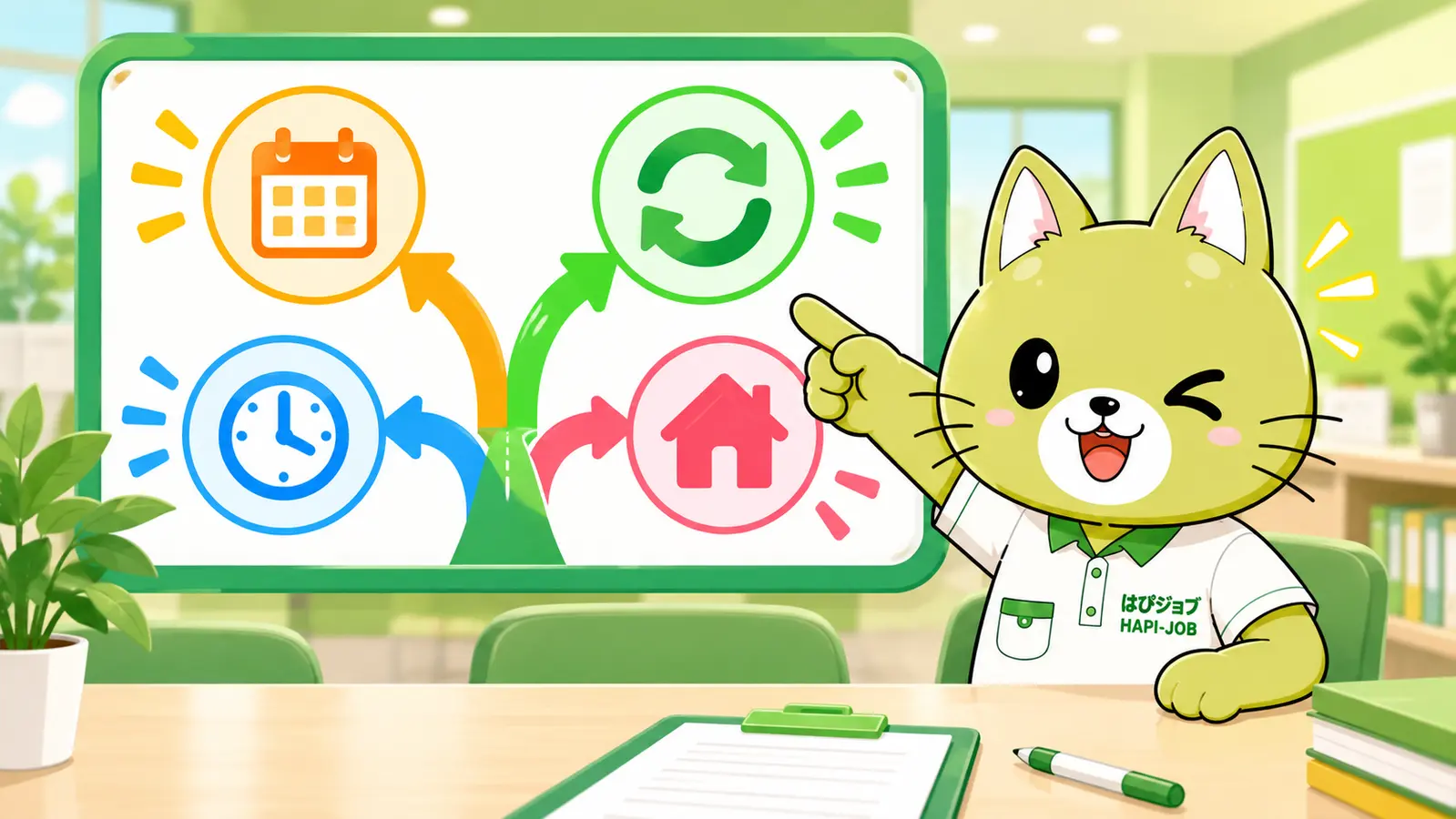HAPI-JOB mascot explaining types of immigration procedures