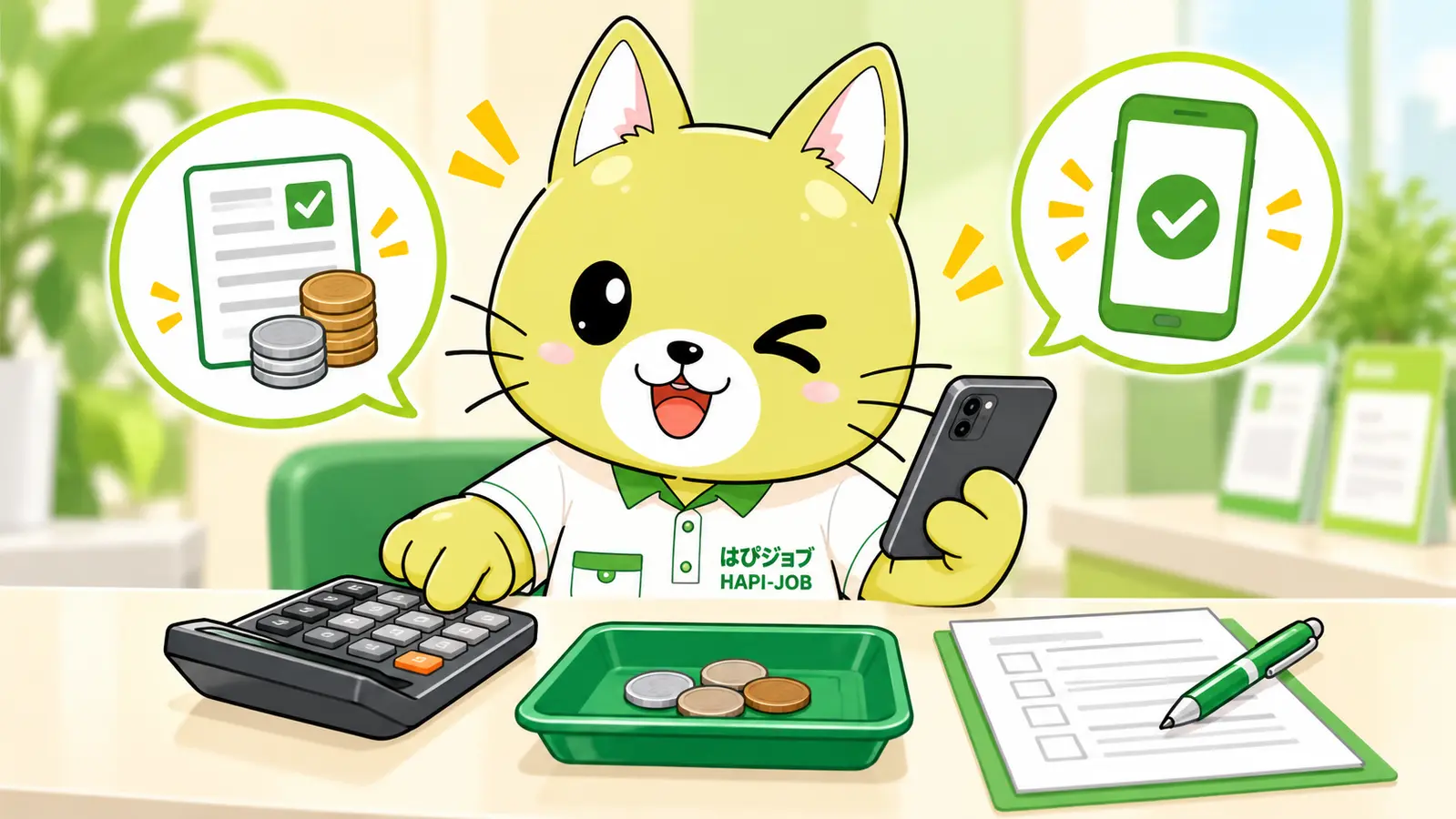 HAPI-JOB mascot checking immigration application fees