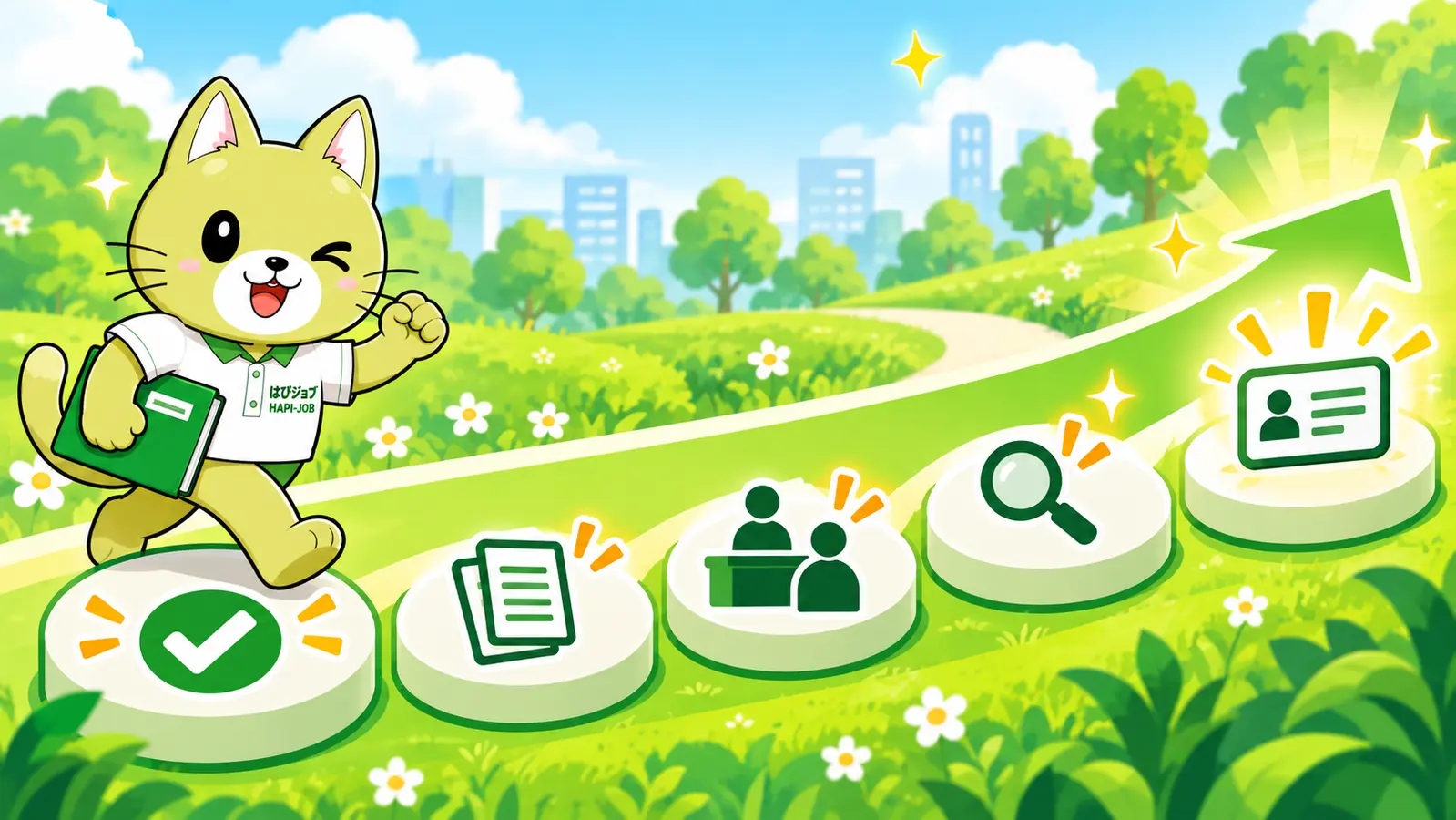 HAPI-JOB mascot explaining the immigration application process