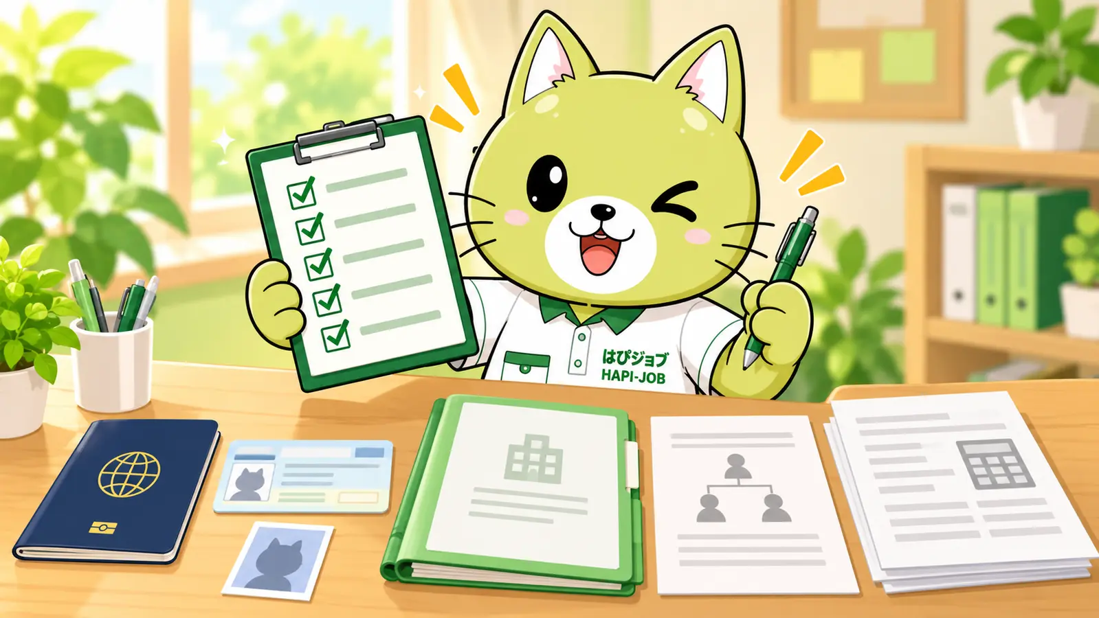 HAPI-JOB mascot checking required immigration documents