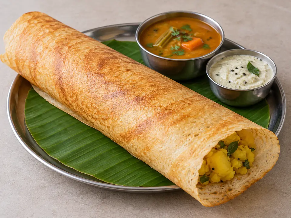 インド料理 マサラドーサとサンバル、ココナッツチャトニ