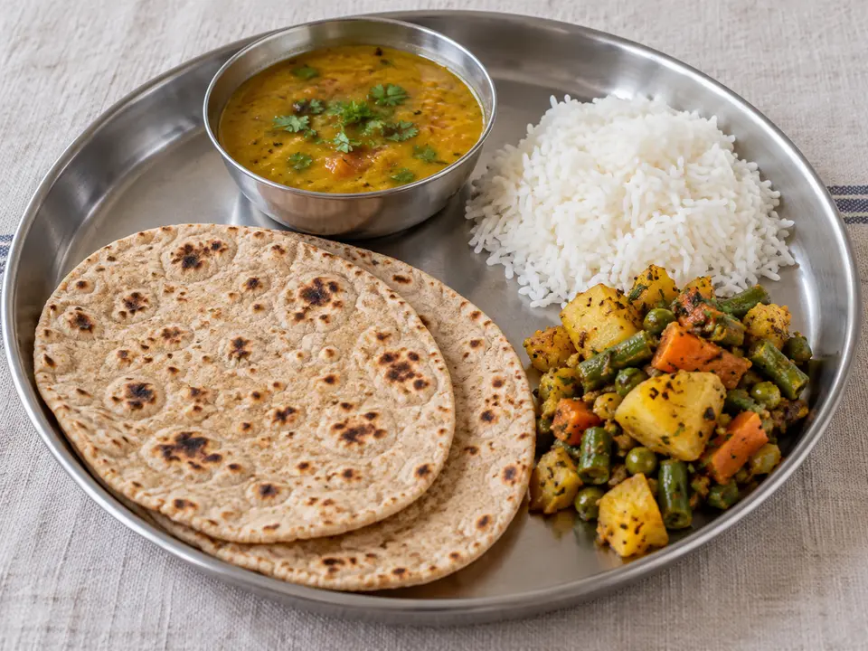 インドの家庭料理 ロティ、ごはん、ダルと野菜