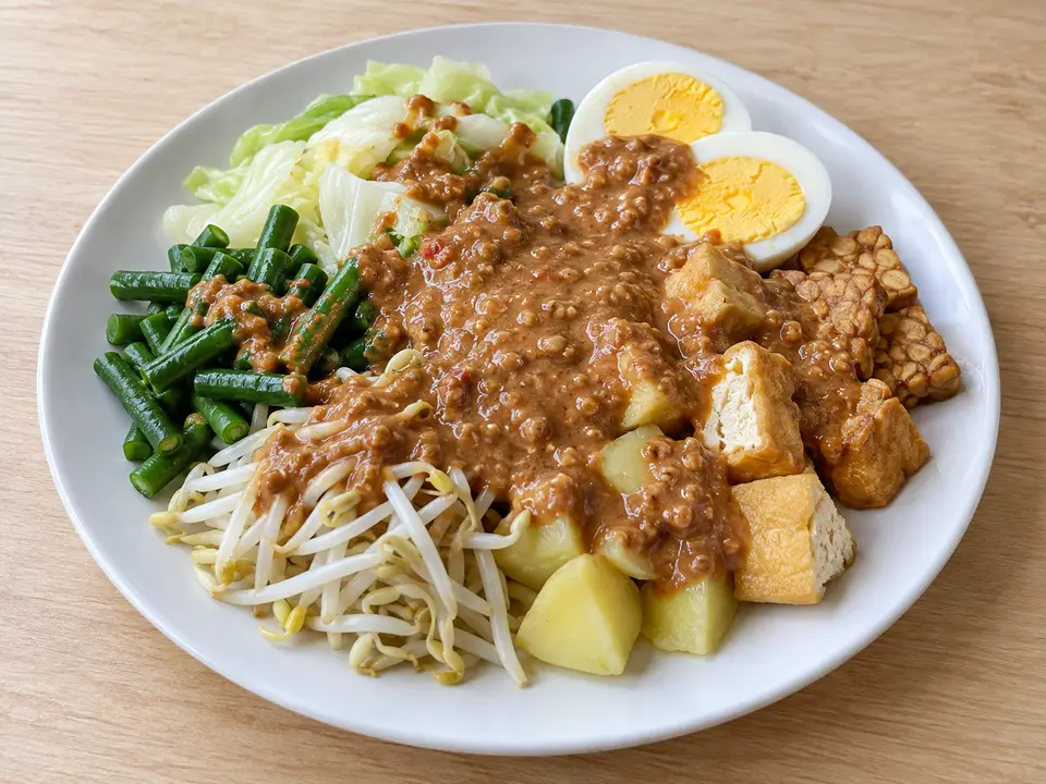 インドネシア料理 ガドガド 野菜、豆腐、テンペ、卵とピーナッツのたれ