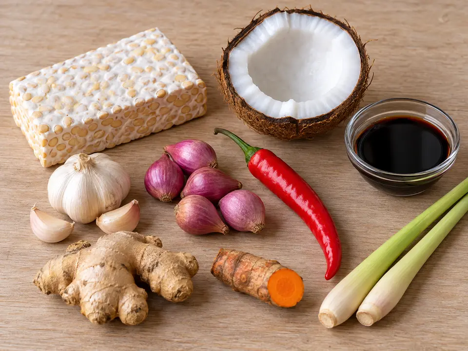 インドネシア料理の食材 テンペ、ココナッツ、にんにく、しょうが、唐辛子と香辛料