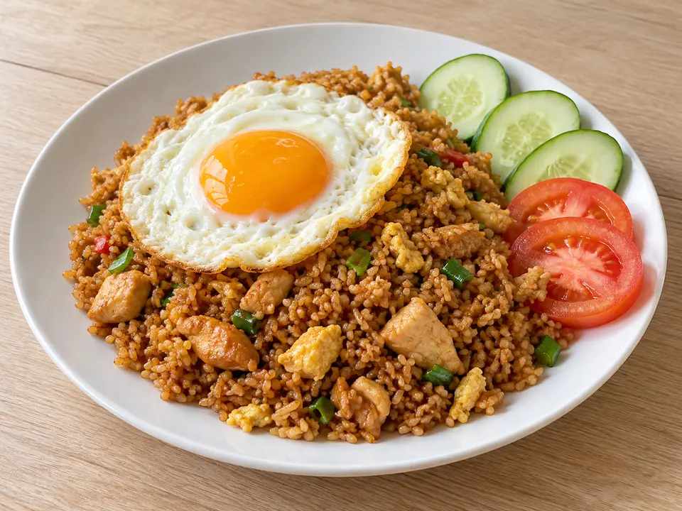 インドネシア料理 ナシゴレン 鶏肉入りのいためごはんと目玉焼き