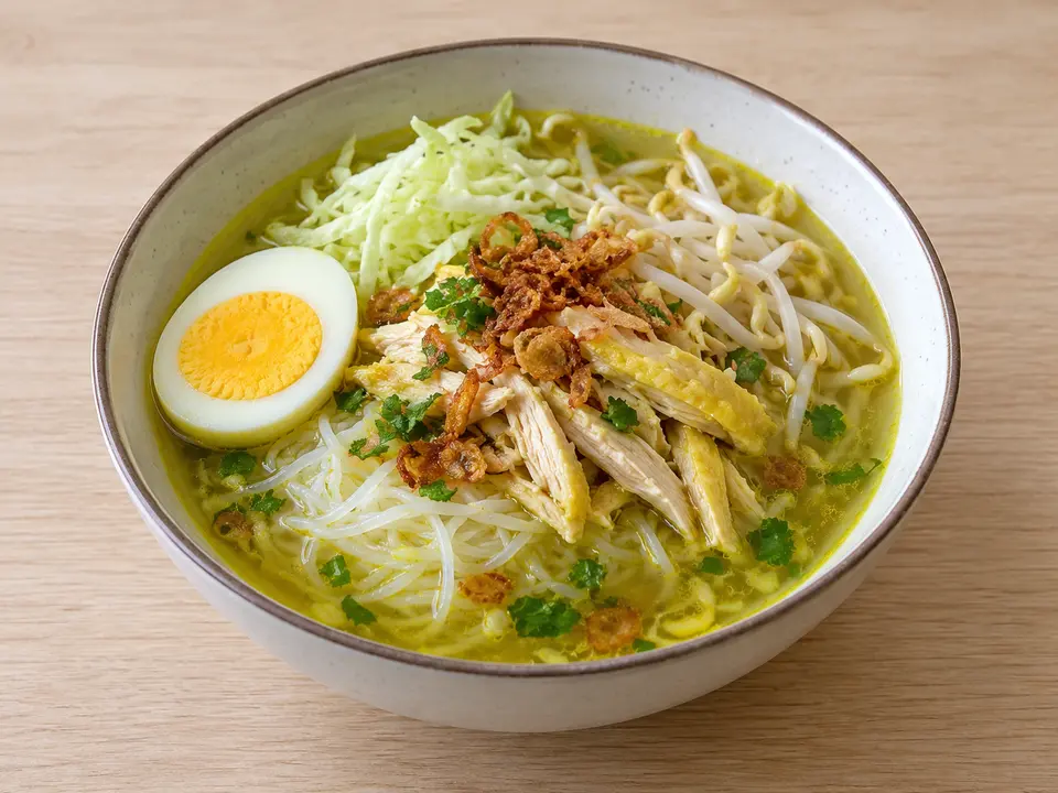 インドネシア料理 ソトアヤム 鶏肉と細い麺の黄色いスープ