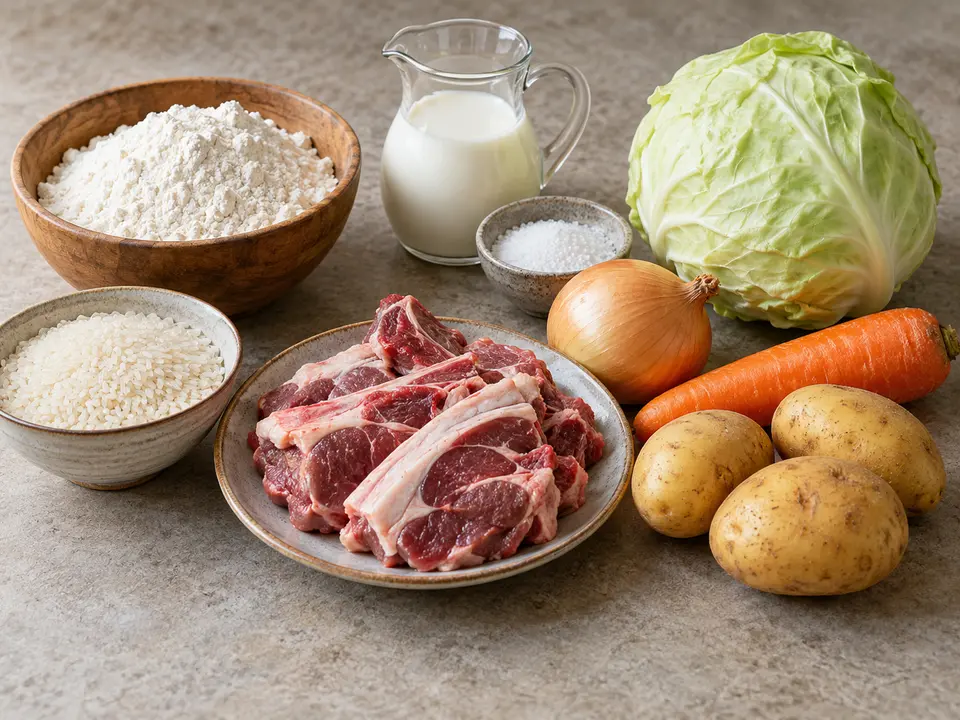 モンゴル料理の食材 小麦粉、羊肉、ミルク、米と野菜