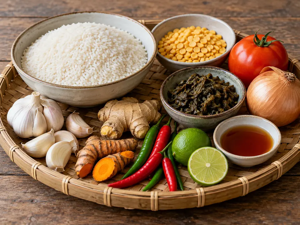 ミャンマー料理の食材 米、豆、野菜、香辛料とお茶の葉