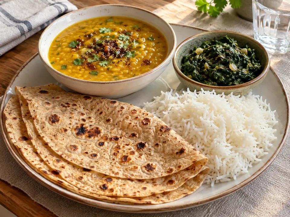 パキスタンの家庭料理 チャパティ、ダル、ごはんと野菜