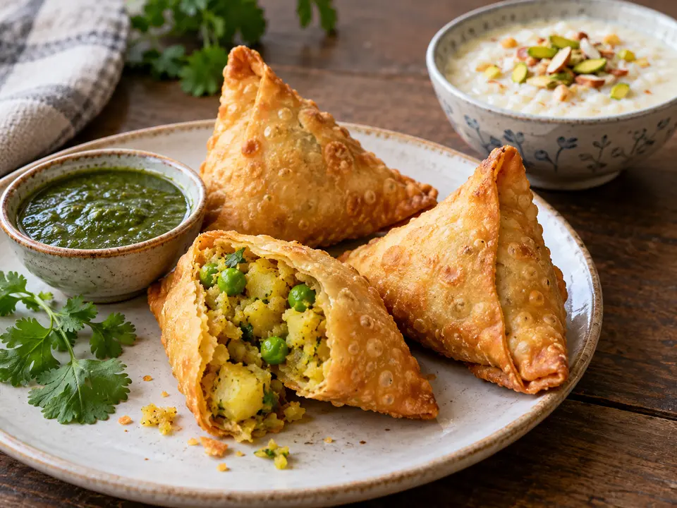 パキスタンの軽食 サモサと米とミルクのデザート キール