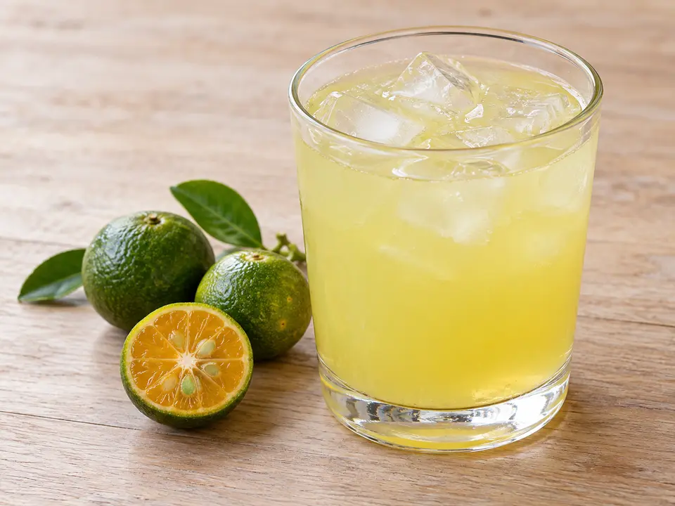 フィリピンの飲み物 カラマンシージュースと緑の果実