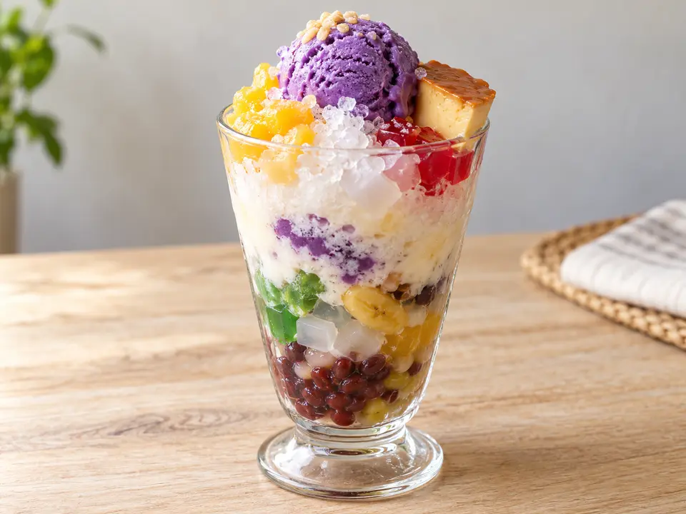 フィリピン料理 ハロハロ 氷とミルク、果物、豆を合わせたデザート