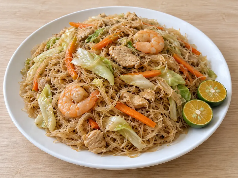 フィリピン料理 パンシット・ビホン 米の細い麺と鶏肉、えび、野菜