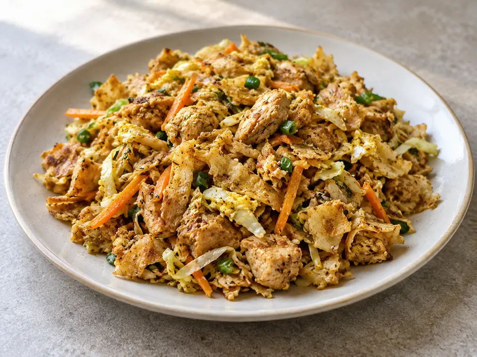 スリランカ料理 コットゥロティ 鶏肉、野菜と細かく切ったパン
