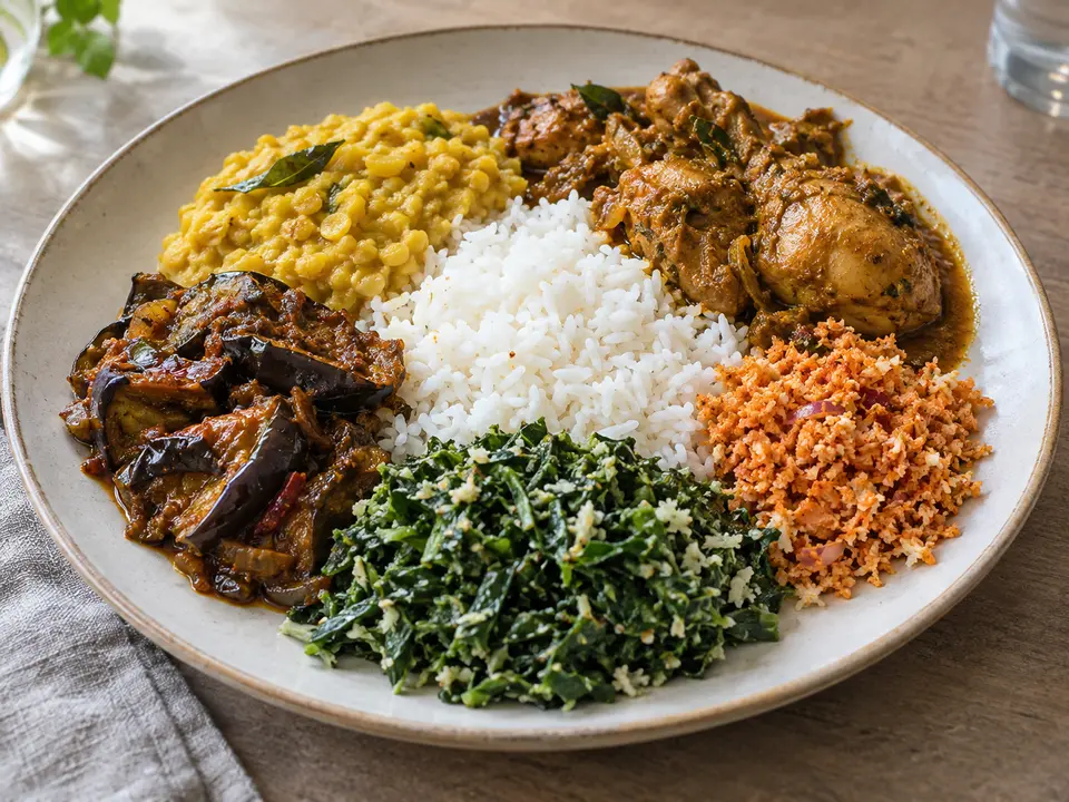 スリランカの家庭料理 ライスアンドカレー ごはん、豆、野菜と鶏肉