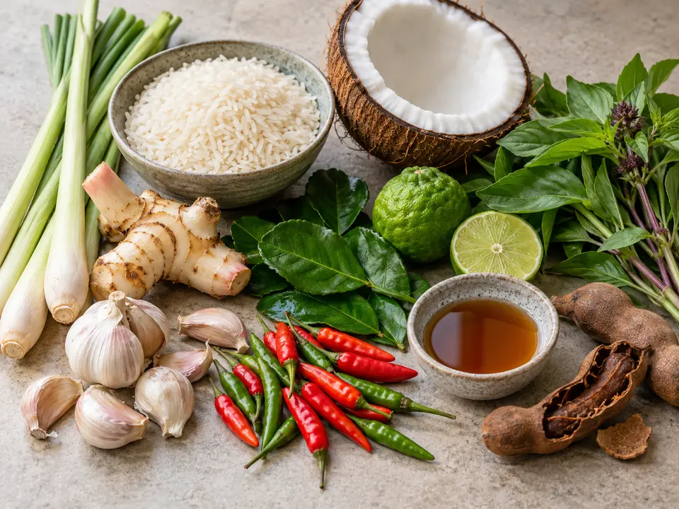 タイ料理の食材 米、ココナッツ、レモングラス、唐辛子と調味料