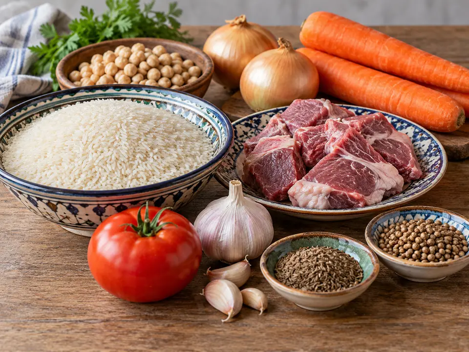 ウズベキスタン料理の食材 米、羊肉、野菜、豆と香辛料