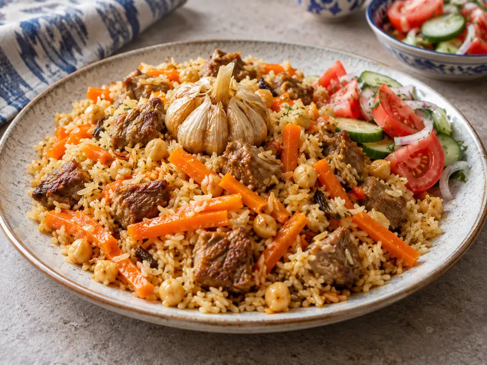 ウズベキスタン料理 プロフ 米、羊肉、にんじんと豆の料理