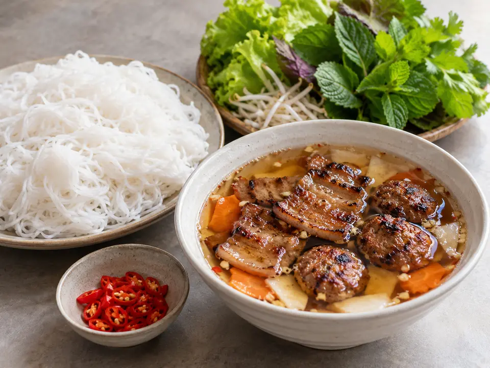 ベトナム料理 ブンチャー 焼いた豚肉、米麺、香草とたれ