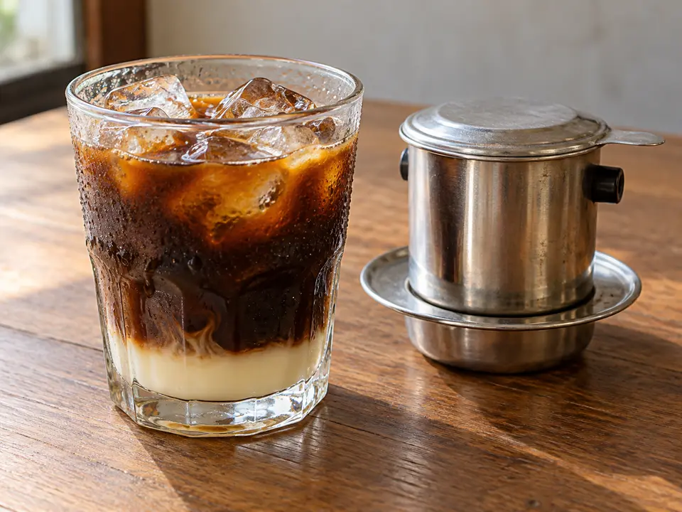 ベトナムの飲み物 練乳入りアイスコーヒーとフィンフィルター