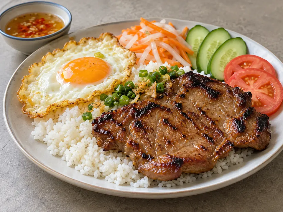 ベトナム料理 コムタム ごはん、焼いた豚肉と目玉焼き