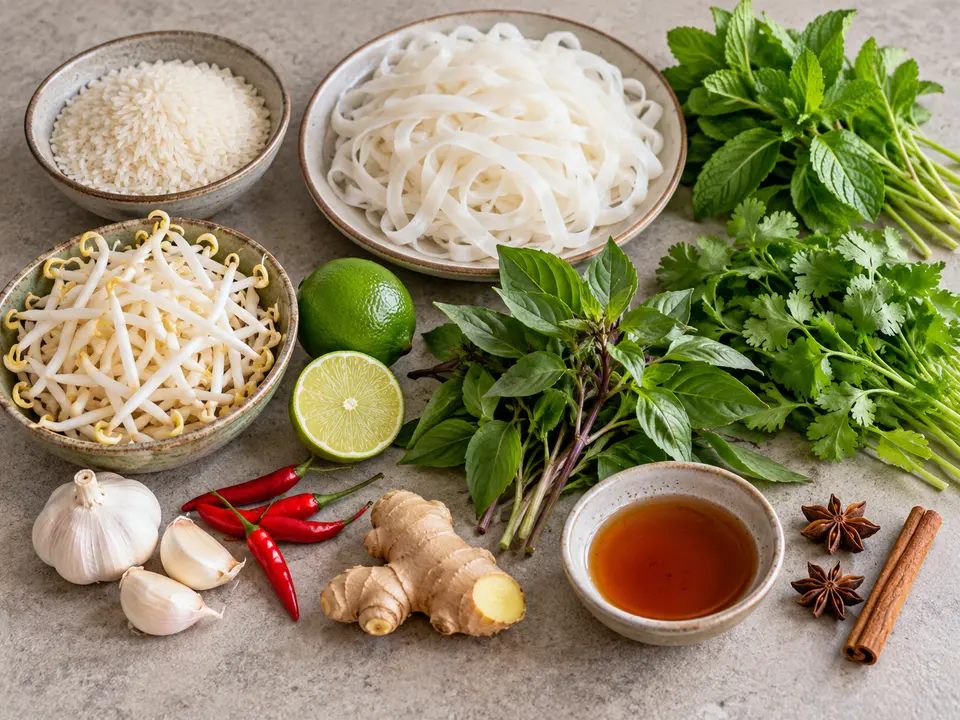 ベトナム料理の食材 米、米麺、香草、ライム、魚醤と香辛料