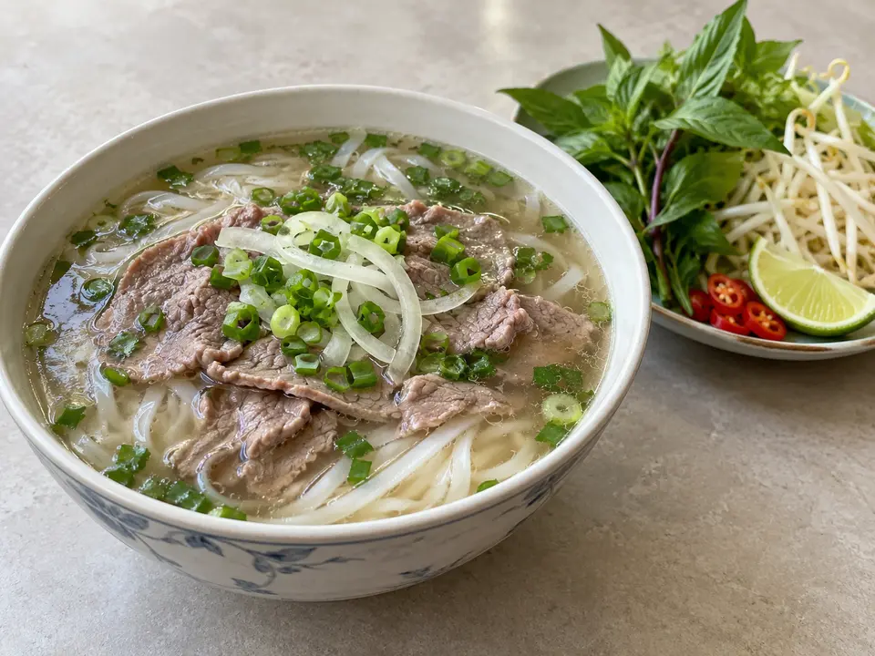 ベトナム料理 牛肉のフォー 平たい米麺とスープ