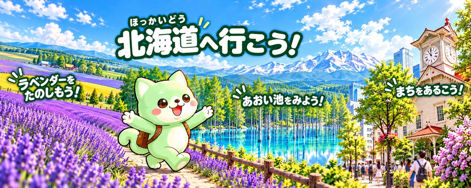 北海道へ行こう!ラベンダー畑・青い池・札幌時計台を巡るはぴジョブの旅行イラスト
