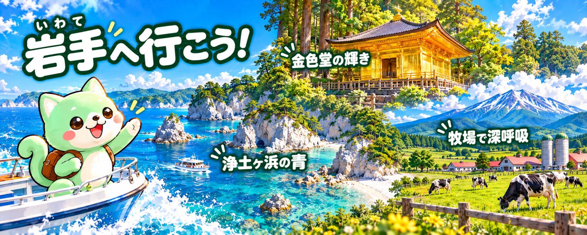 岩手へ行こう！はぴジョブのキャラクターと金色堂の輝き・浄土ヶ浜の青・牧場で深呼吸を描いた旅行ガイド画像