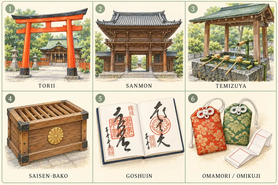 1 鳥居、2 山門、3 手水、4 お賽銭箱、5 御朱印帳、6 お守り・おみくじ