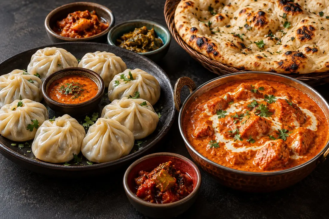 蒸しモモ、カレー、ナンを並べたネパール・インド料理のイメージ